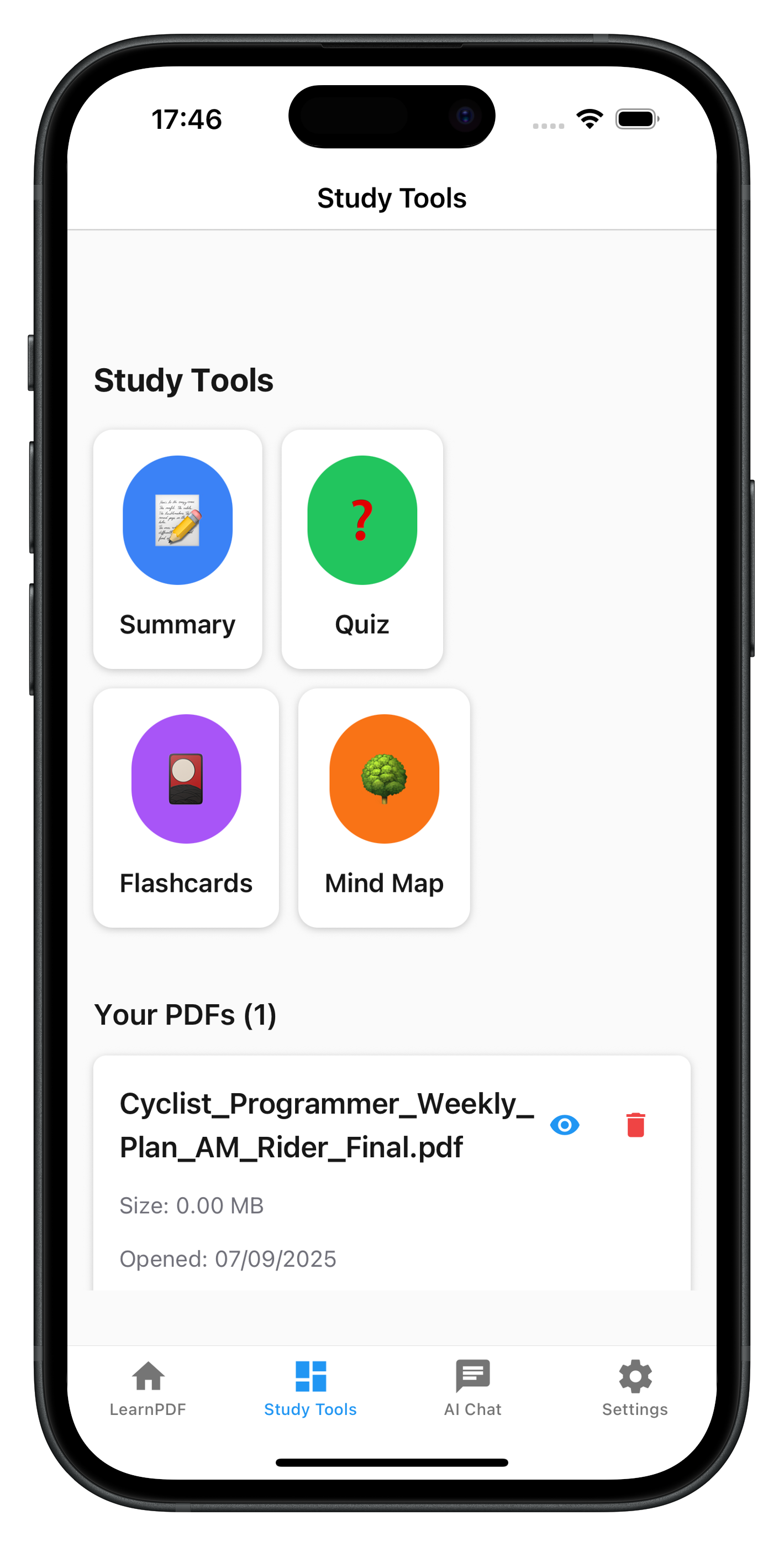 AI PDF summarizer app – Learn PDF offline study assistant interface